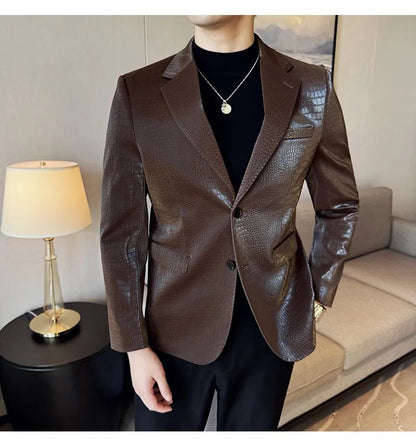 2026 Crocodile Patterned Leather Suit Jacket Men Slim Fit Business Casual Leather Jacket Wedding Groom Party Work Men Blazers