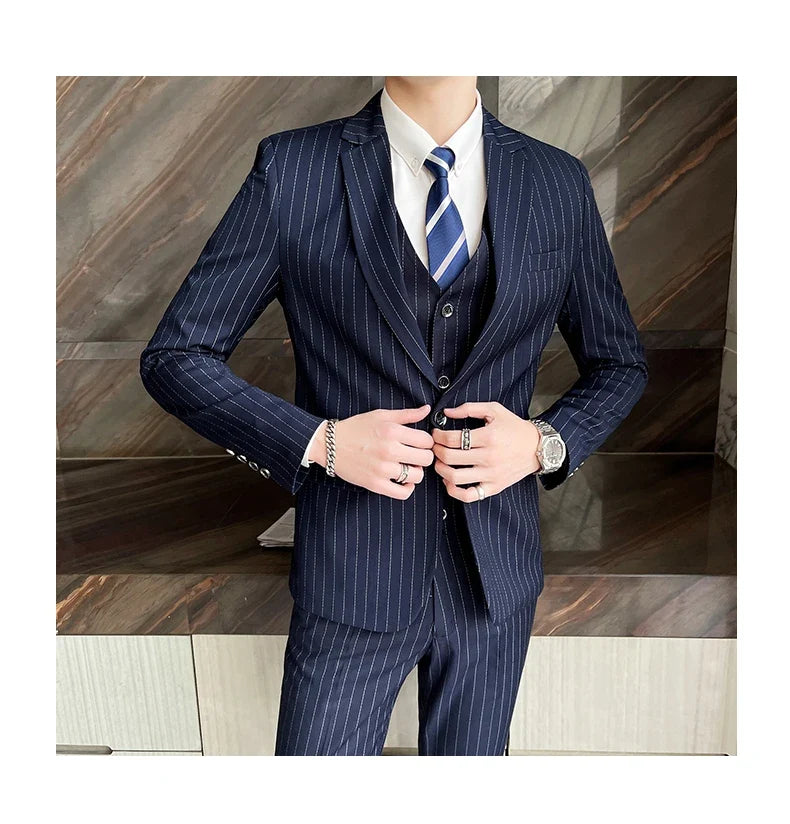 2024 Slim Fit Striped Three-Piece Business Suit Vest Trousers Set Korean Fashion Trend Handsome Wedding Outfit