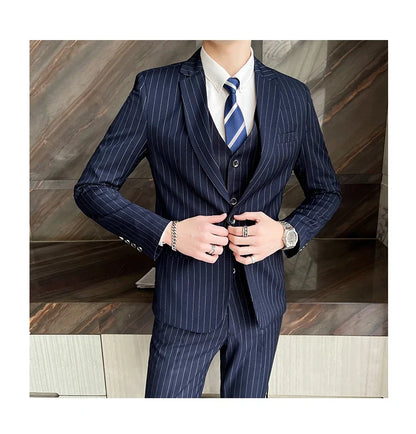2024 Slim Fit Striped Three-Piece Business Suit Vest Trousers Set Korean Fashion Trend Handsome Wedding Outfit