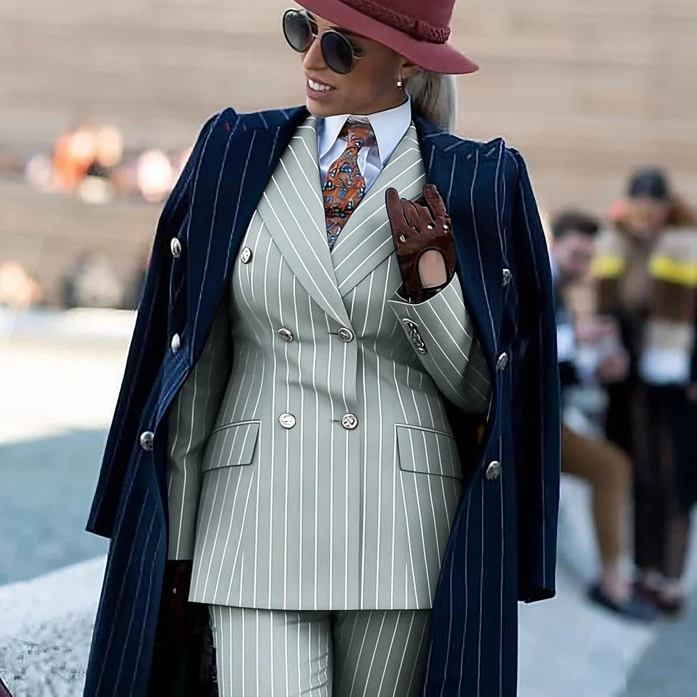 Formal Women's Burgundy Pinstripe Suit with Navy Blue Striped Coat Double Breasted 3Piece Set Elegant Evening Party Outerwears