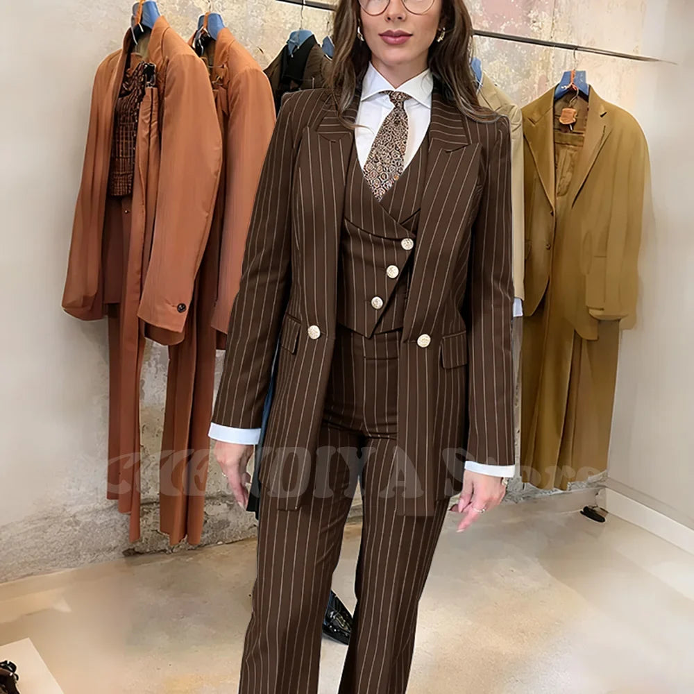 Navy Blue Striped Suit For Women Stylish Single Button Peak Lapel Elegant Outfit Business Meeting Office Formal Set Three Pieces