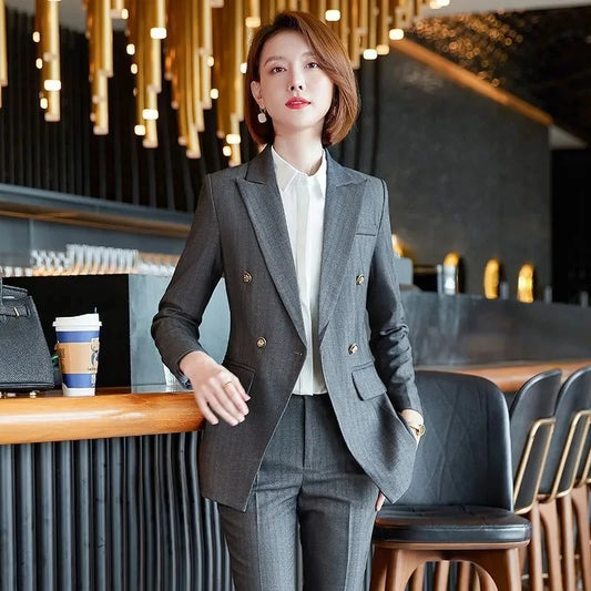 Elegant Office Ladies Two Piece Sets Womens Outifits 2025 New Double Breasted Long Sleeve Blazers Loose Casual Pant Suits