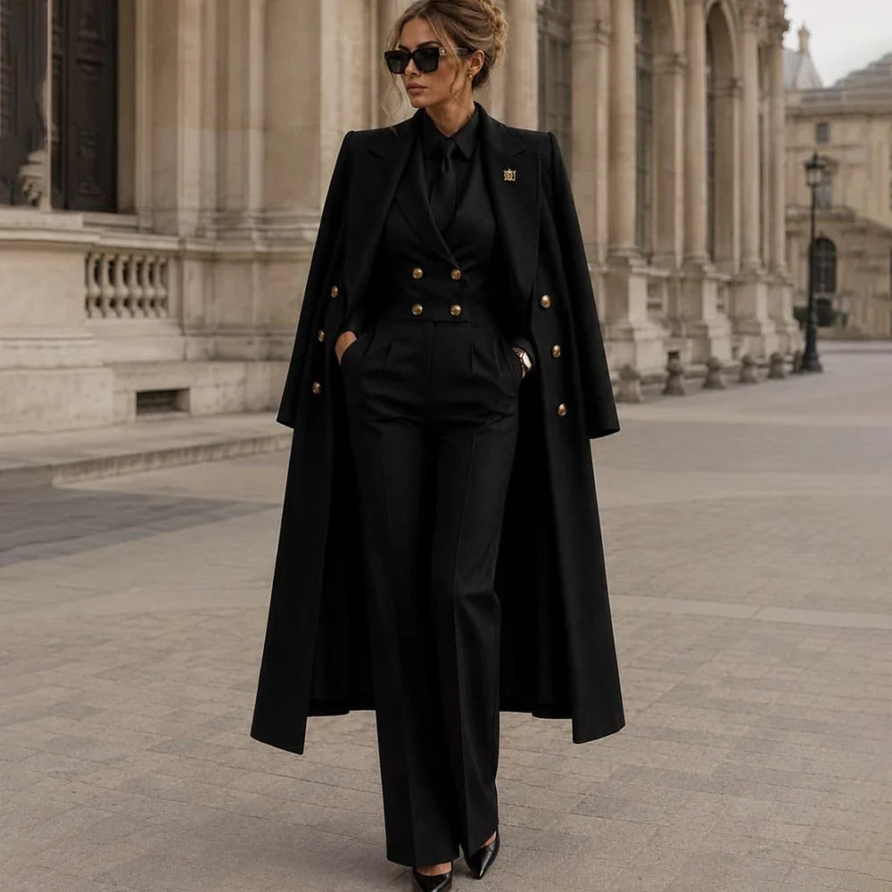 Customizable Women's Double-Breasted Suit Elegant Streetwear 3 Pieces Long Jacket Vest Pants Formal Wedding Guest Office Outfit