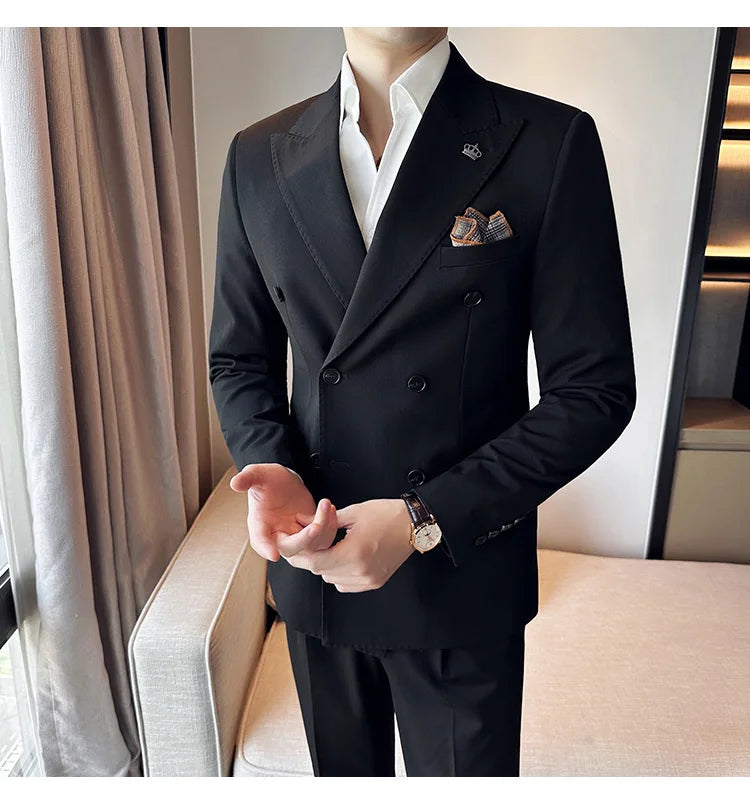 (Blazer + Trousers) Fashion Double Breasted Design Slim Men's Suit Italian Style Luxury Wedding Social Party Tuxedo 2 Piece Set