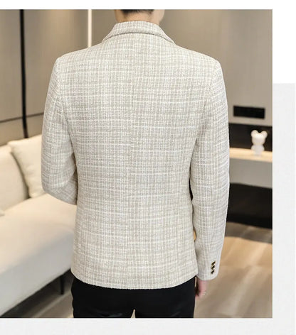 Korean Fashion Woven Suit Jacket for Men Autumn Slim Fit Casual Men Blazers Street Wear Social Business Dress Coats Men Clothing
