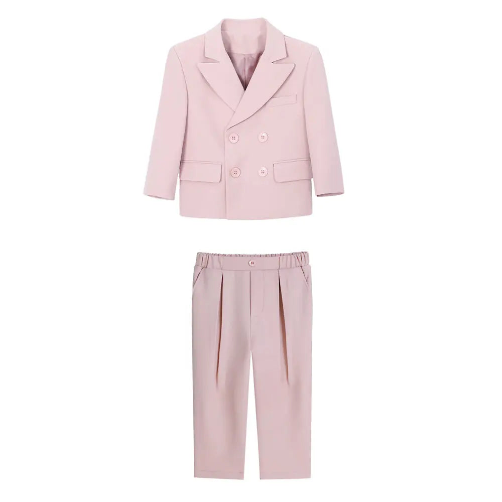 School Boys Double Breasted Blazer Suit Set with Wide Leg Pants Formal Streetwear Outfit for Kids Toddlers Wedding Birthday Part