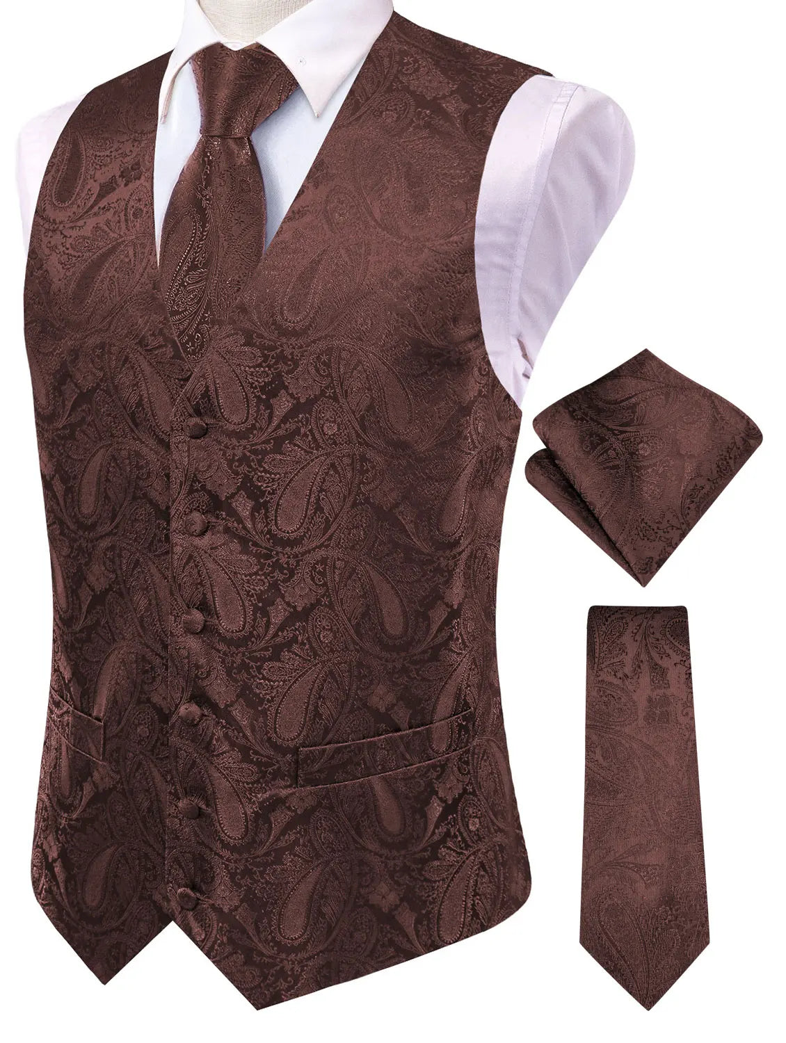 Men's Paisley Jacquard Suit Vest – V-Neck 6-Button Waistcoat with Tie & Pocket Square for Weddings