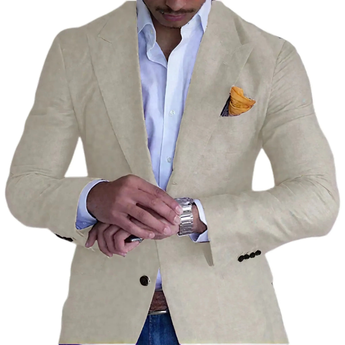 Men's Blue/Beige Linen Dress Blazer Peak Lapel Thin Suit Jacket Casual Party Prom Summer Wedding Coat Top for Daily Wear