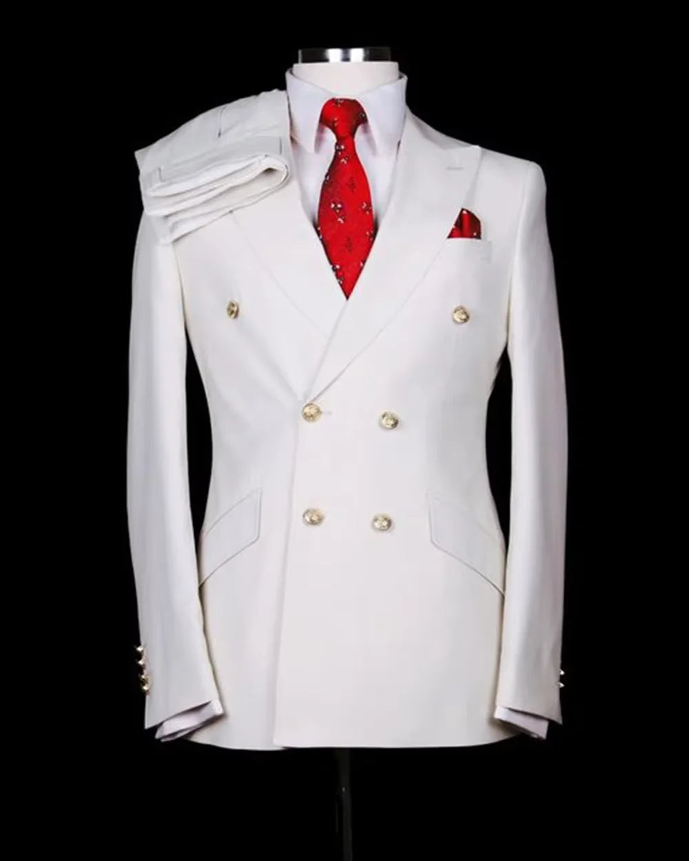 Men's Serge Suit 2 Piece Double Breasted Slim Fit Peak Lapel Gold Button High Quality Formal Blazer Pants Formal Business Weddin