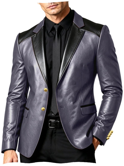 PU Leather Men's Suit Blazer Patchwork Style Wedding Groom Tuxedo Formal Office Prom Jacket High Quality Business Casual Coat