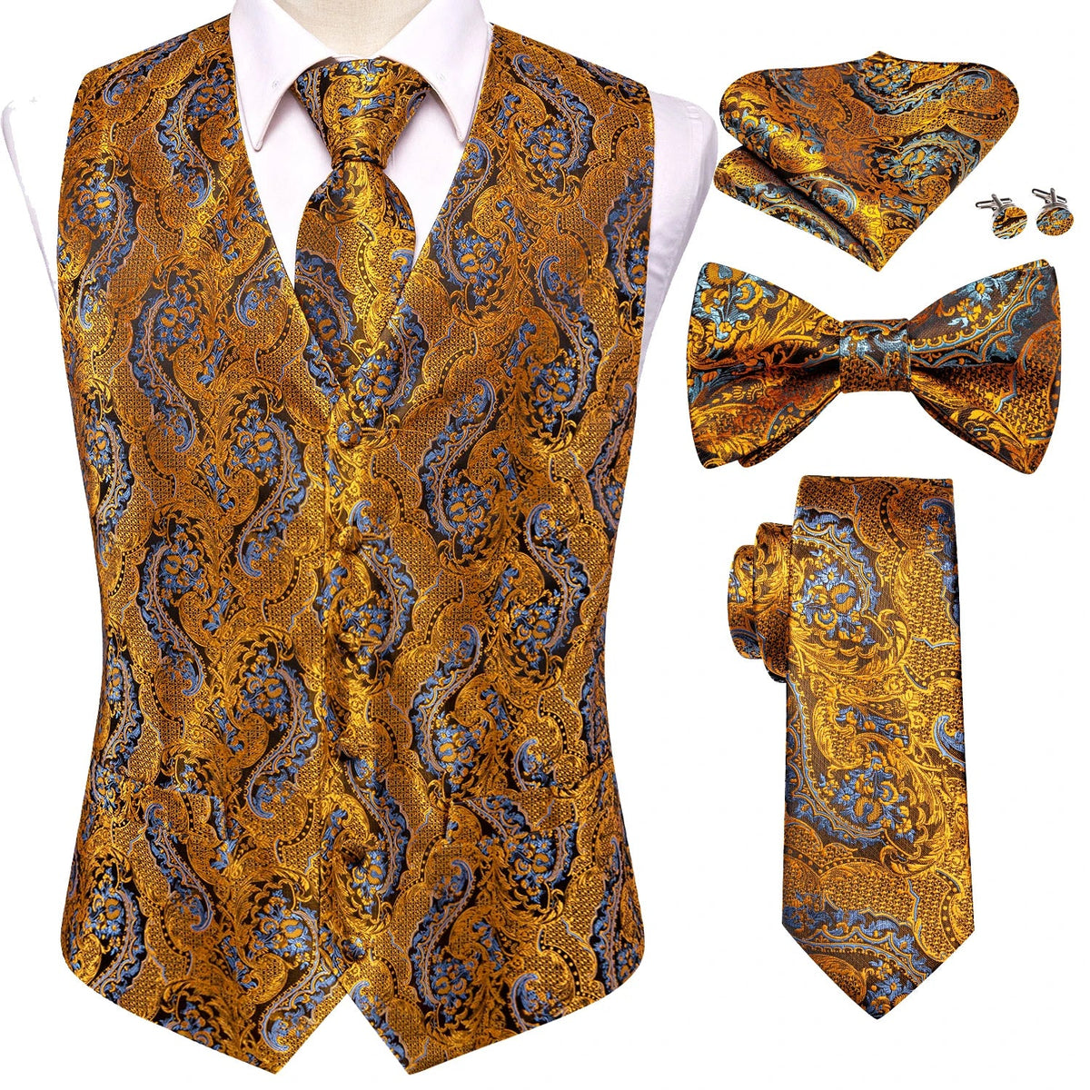 Men's Suit Vest Set – Broadcloth Waistcoat with Tie, Bowtie, Hanky & Cufflinks for Weddings & Office