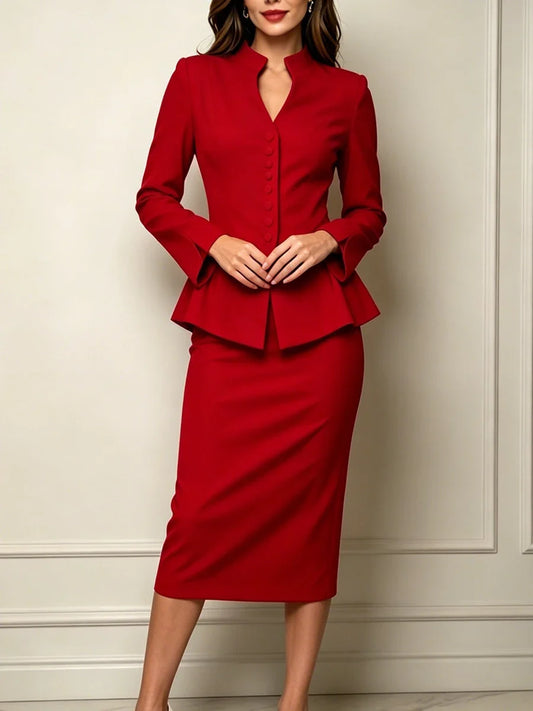 Elegant Peplum Blazer & Midi Skirt 2 Piece Set Women Formal Office Suit With Buttons