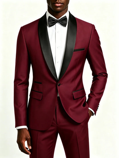 Men's 2-Piece Slim Fit Tuxedo Suit – Black Satin Shawl Lapel for Wedding, Prom & Formal Events