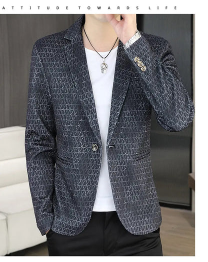 Korean Fashion Suit Jacket Men Slim Fit Geometric Printed Casual Business Blazers Autumn Social Groom Hairstylist Uniform Jacket