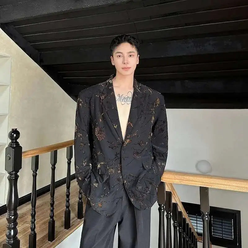Jacquard Design Casual Suit Jacket High Street Personalized Stylish Loose Blazers Coat Elegant Korean Men Clothing LZ5013