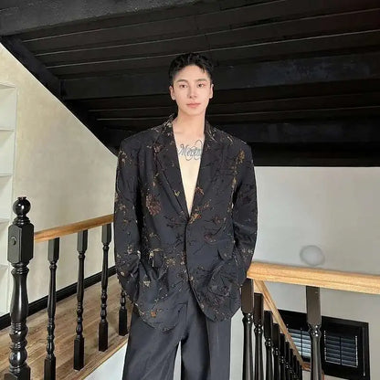 Jacquard Design Casual Suit Jacket High Street Personalized Stylish Loose Blazers Coat Elegant Korean Men Clothing LZ5013