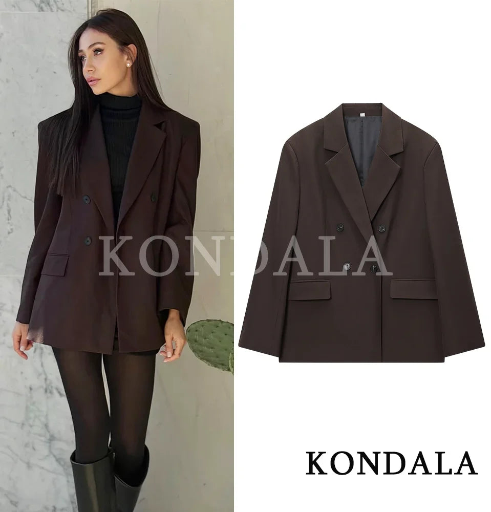 Elegant Commute Double Breasted Blazer Women Trendy Vintage Brown Blazer with Shoulder Pads 2026 Spring Chic Lady Blazer