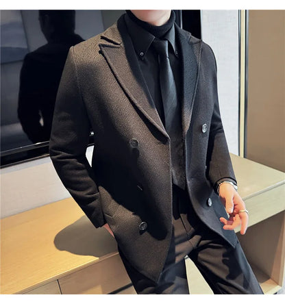 British Style Winter Double Breasted Woolen Suit Jackets Men Thick Warm Wedding Business Blazers Solid Color Casual Dress Coat
