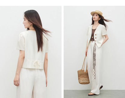 Commute V-Neck Short Sleeve Blazer Top Women 2026 Summer Fashion Color Block Wooden Button Slim Fit Jacket Q62XC7391