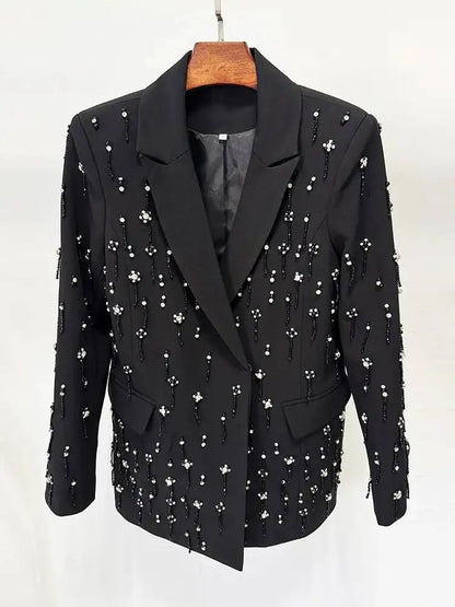 Solid Blazer Women Beaded Rhinestone Embellished Lapel Long Sleeve Dangling Charms Formal Evening Party Suit Jacket 2026