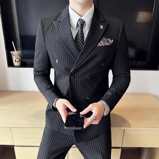 Men's Double Breasted Slim Fit Striped Suit – Formal 2 Piece Set for Business, Wedding & Smart Casual Occasions