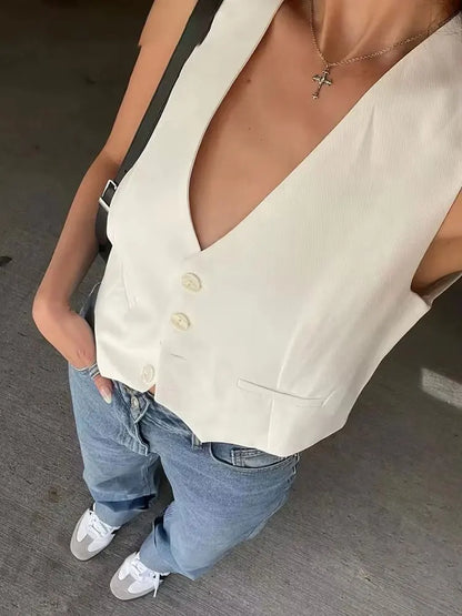 Fashion Women Vest Sleeveless Vests for Women Chic V-Neck Single-Breasted Ladies Elegant White Waistcoat Tops