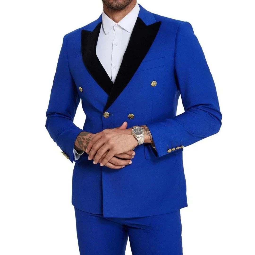 Men Suit 2 Pieces Royal Blue With Black Lapel Double Button For Wedding Business Banquet Party Office Daily Work Jacket And Pant