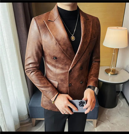Brand Retro Leather Suit Jacket Men British Style Double Breasted Casual Business Blazers Wedding Groom Party Banquet Jackets
