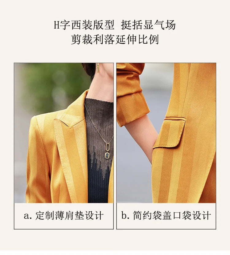 Women Blazer Pants Sets Yellow Two Pieces 2024 Autumn Workwear Trousers Formal Striped Navy Blue Long Sleeve Tops Pantsuit