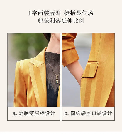 Women Blazer Pants Sets Yellow Two Pieces 2024 Autumn Workwear Trousers Formal Striped Navy Blue Long Sleeve Tops Pantsuit
