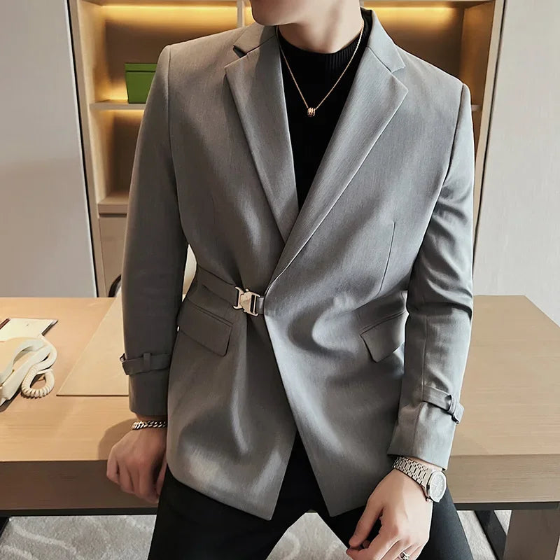 Men's Slim Fit Blazer Metal Buckle Decoration Smart Casual Wedding Party Jacket