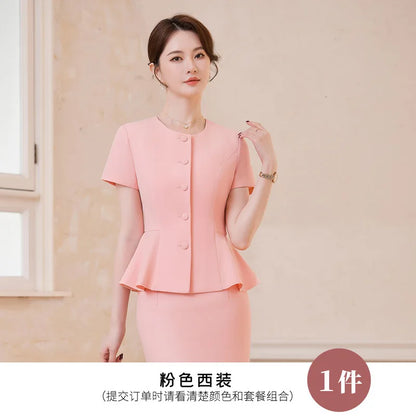 2025Summer Blue Short Sleeve Blazer Suit Professional Women's Skirt Set Short Skirt Elegant Fashion Formal Workwear