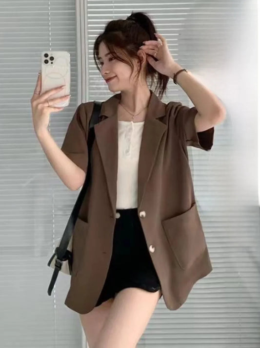 Summer Casual Versatile ort Sve Women's  Trendy All-Match Small Western Sle Top Button Closure Other Material