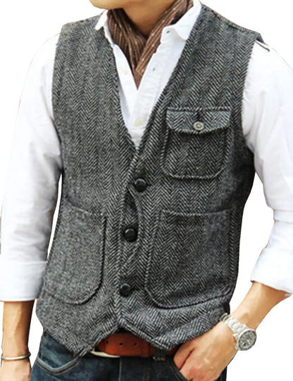 Men's Suit Vest Single Breasted Herringbone Smart Casual Wedding Business Waistcoat