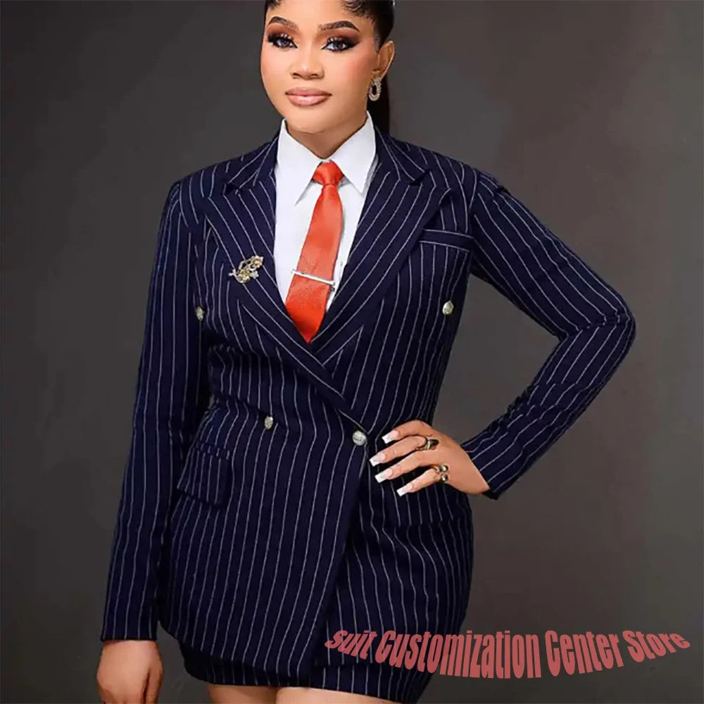 Vintage Peaked Lapel Stripe Women Suits Elegant Blazer+Mini Skirt 2 Pieces Slim Fit Office Lady Wear Customized Set