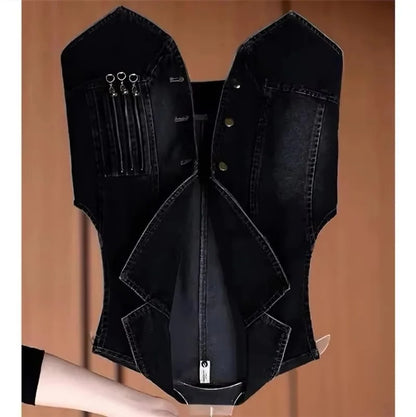Korean Ladies Large Size 4XL Cowboy Waistcoat Tops Female Leisure Short Vest Coat Autumn Women Nostalgic Sleeveless Jacket