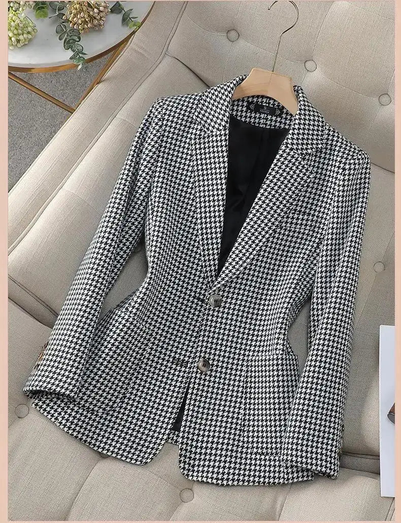Women Office Ladies Single Breasted Slim Blazer Coat Autumn Winter Fashion Plaid Temperament Long Sleeved Elegant Tops Vacation