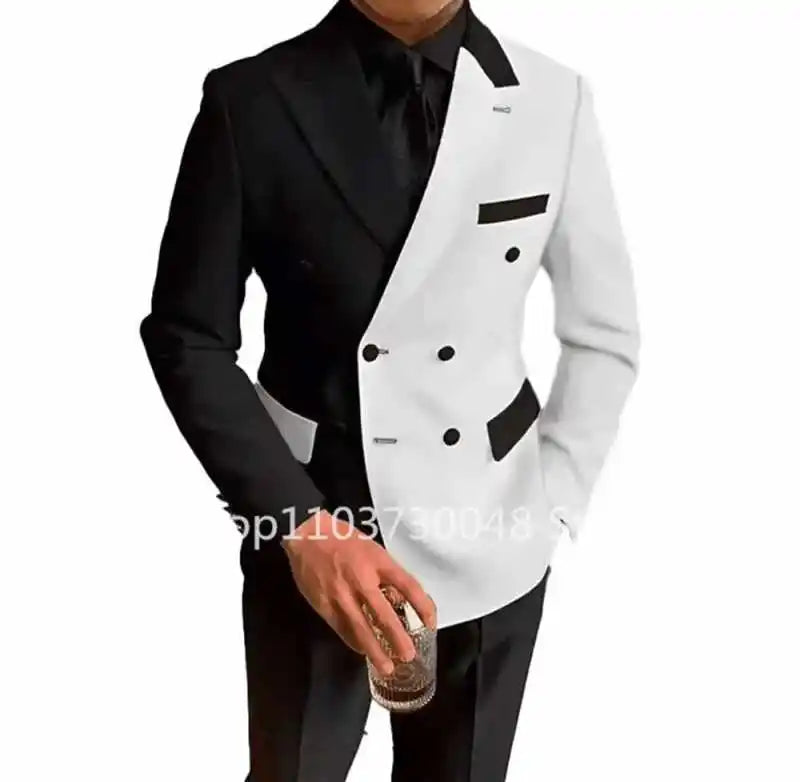 2 Pieces Black White Men's Double Breasted Suit Peak Lapel Blazer Pants Wedding Concert Birthday Party Prom Suits Groom Tuxedos