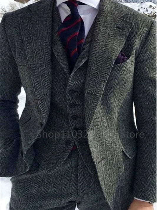 3 Piece Dark Gray Herringbone Tweed Wool Men Suits For Business Slim Fit Notched Lapel Jacket Vest Pants for Wedding Outwear