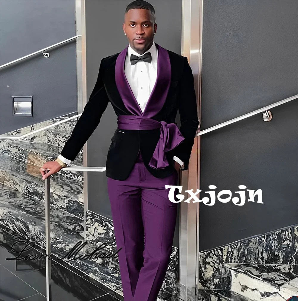 New Arrival Fashion Velvet Men's Suits 2 Pieces Wedding Groom Tuxedo Elegant Handsome Suit Set For Men Birthday Party Customized