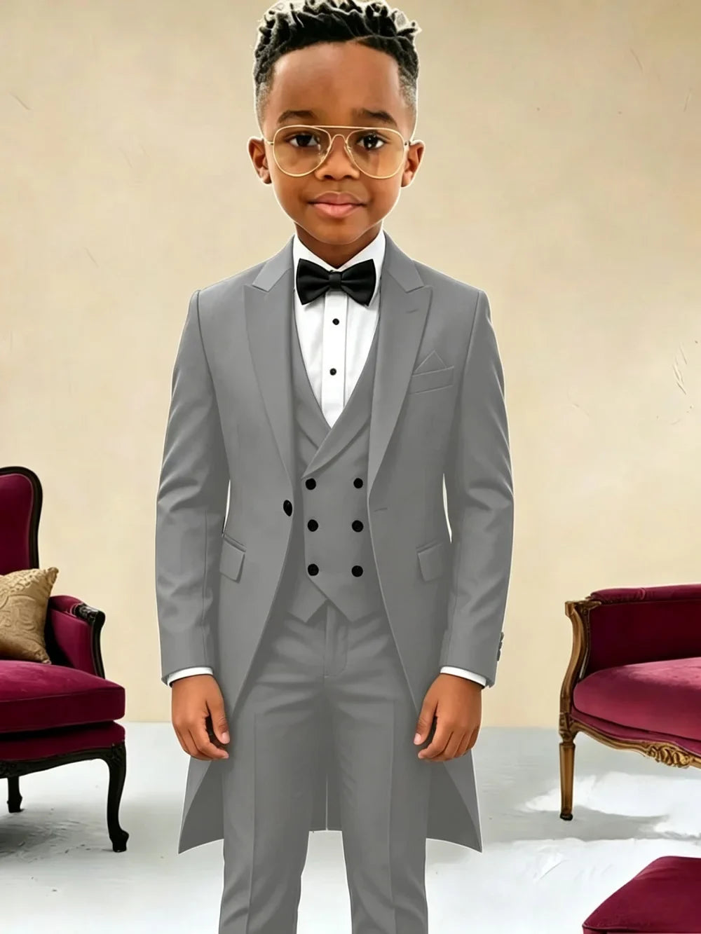 New Boys Long Jacket Vest Pants 3 Pieces Suits Piano Performance Wear Classy Peak Lapel Kid Slim Fit Suit Set For Wedding