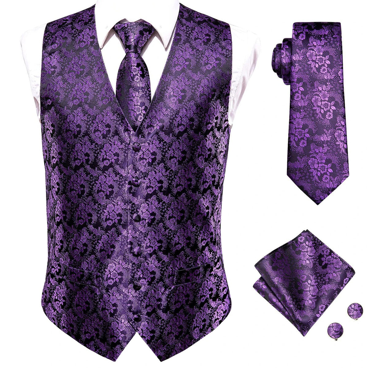 Men's Waistcoat Suit Set with Jacquard Floral Vest, Tie, Hanky & Cufflinks for Wedding and Business