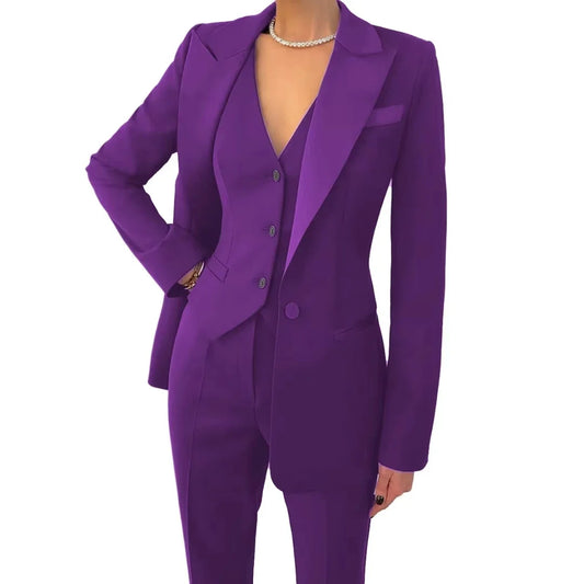 3 Pieces Purple Jacket Vest With Pant Women Suits Solid Single Button For Business Banquet Formal Work Office Daily