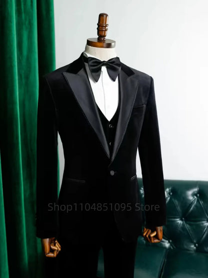 Black Velvet Men's 3 Piece Slim Fit Tuxedo Suits Business Wedding Party Elegant Blazer Vest Pants Set Formal Men's Clothing