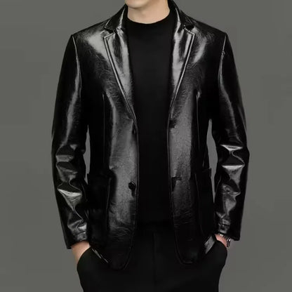 Blazer Men Genuine Leather Slim Fit Single Breasted Smart Casual Black