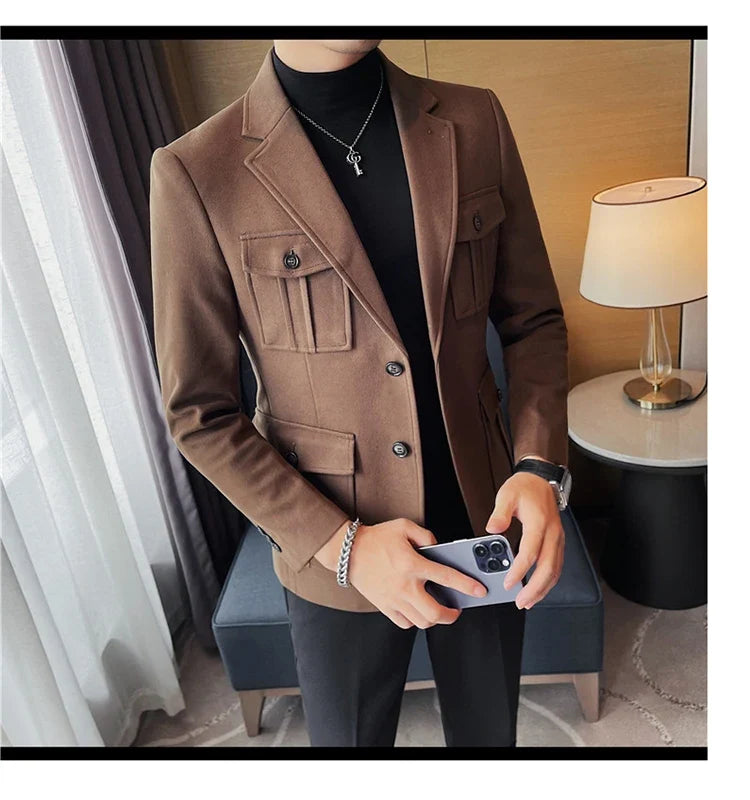 Winter Woolen Suit Jacket for Men Multiple Pockets Slim Fit Casual Business Blazers Masculino Wedding Streetwear Social Coats