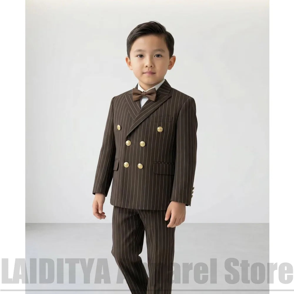 Boys Pinstripe Double Breasted Suit Chic Peak Lapel Outfit Blazer Pants Kids Wedding Pageboy Daily Formal Costume 2 Piece