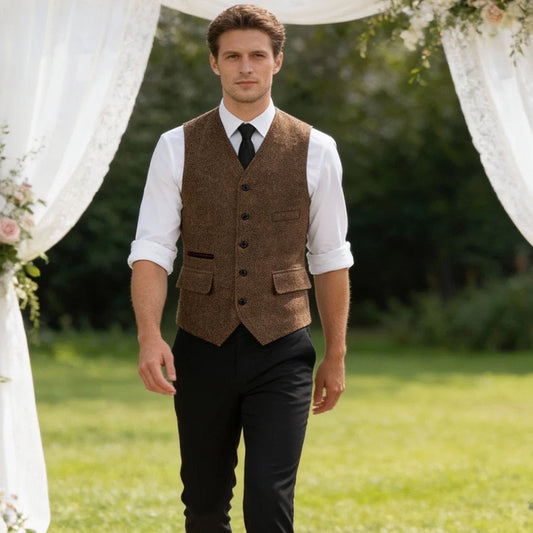 Men's Herringbone Tweed Waistcoat – V-Neck Smart Casual Vest for All Seasons