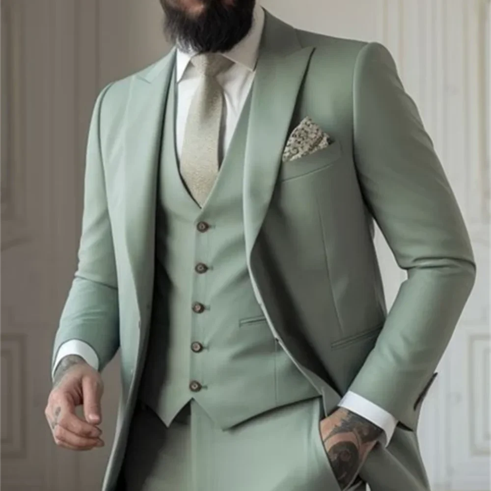Men's Three-Piece Slim Fit Suit Set – Blazer, Vest & Trousers | Green & Khaki | Wedding & Business