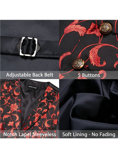 Men's Red Jacquard Floral Vest Notched Lapel Collar – Formal Waistcoat & Bowtie Set